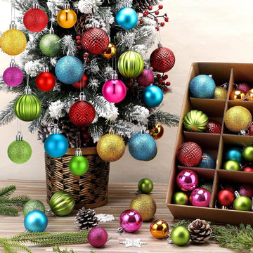 Neon Christmas Ball Ornaments Shiny Bright Multicolor Baubles - Set of 64