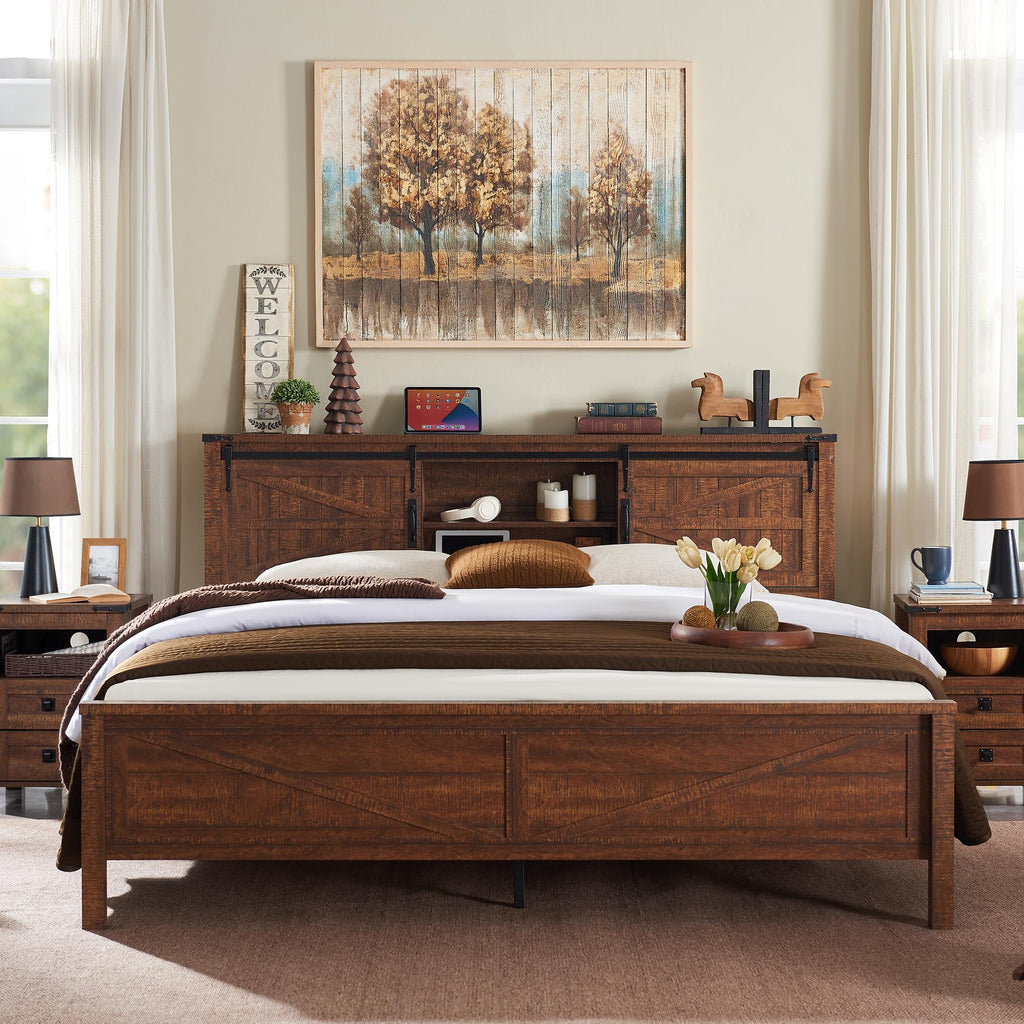 Farmhouse Queen Size Bed Frame w/Storage Bookcase Headboard, Sliding Barn Door, Charging Station, Rustic Wood