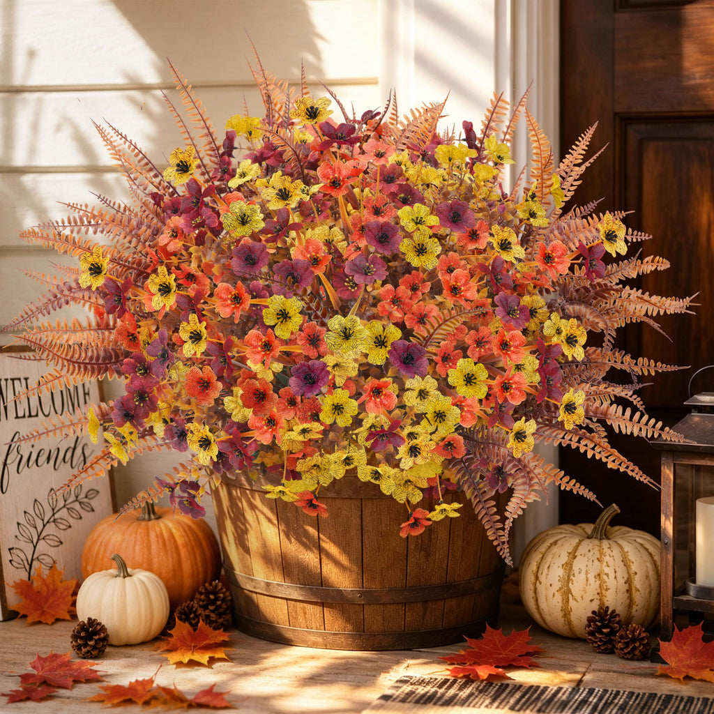 24 PCS Artificial Fall Flowers for Outdoors, Flower Stems & Ferns