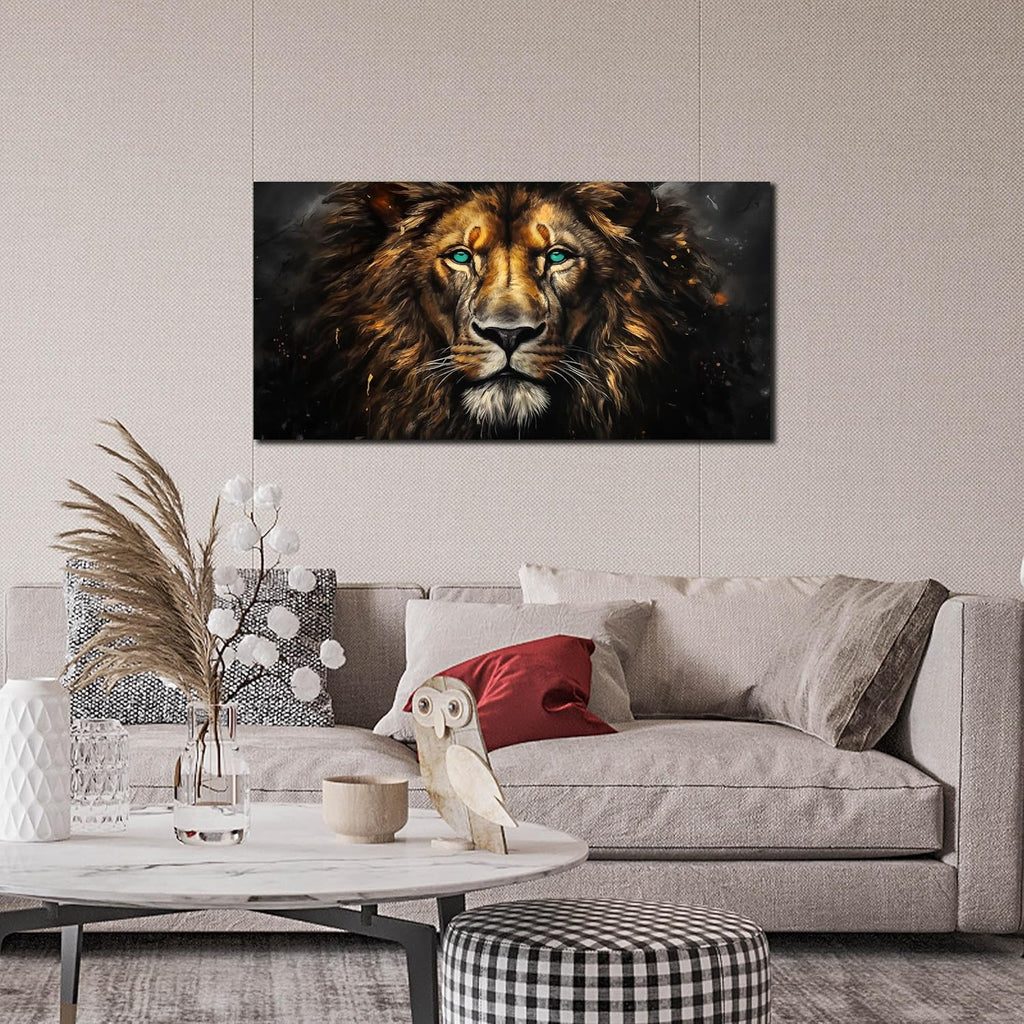 Canvas Wall Art Decor - Golden-Brown Lion with Blue Eyes Wildlife Wild Animal Picture Print Artwork - Ideal Teen