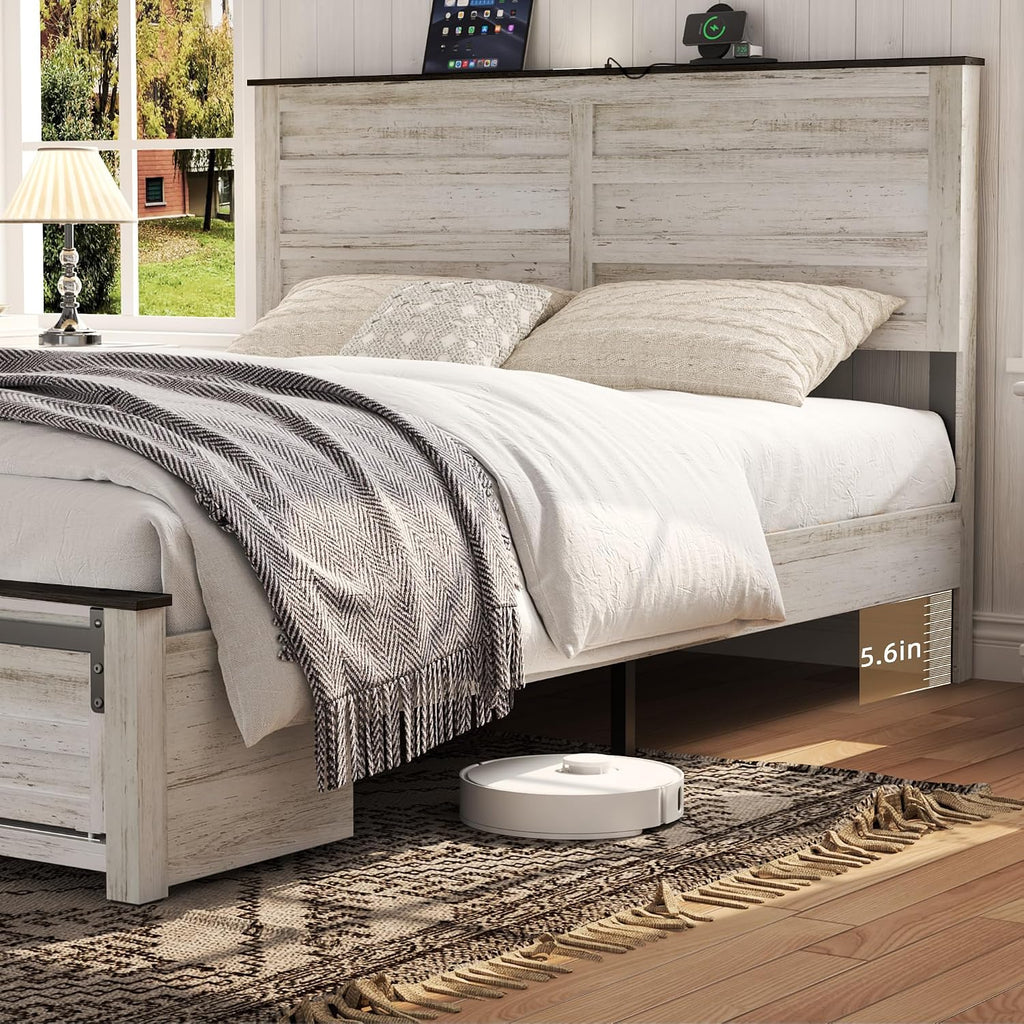 Wooden Bed Frame Queen with Headboard & Sliding Barn Door Storage Footboard, Farmhouse Platform Bedframe with