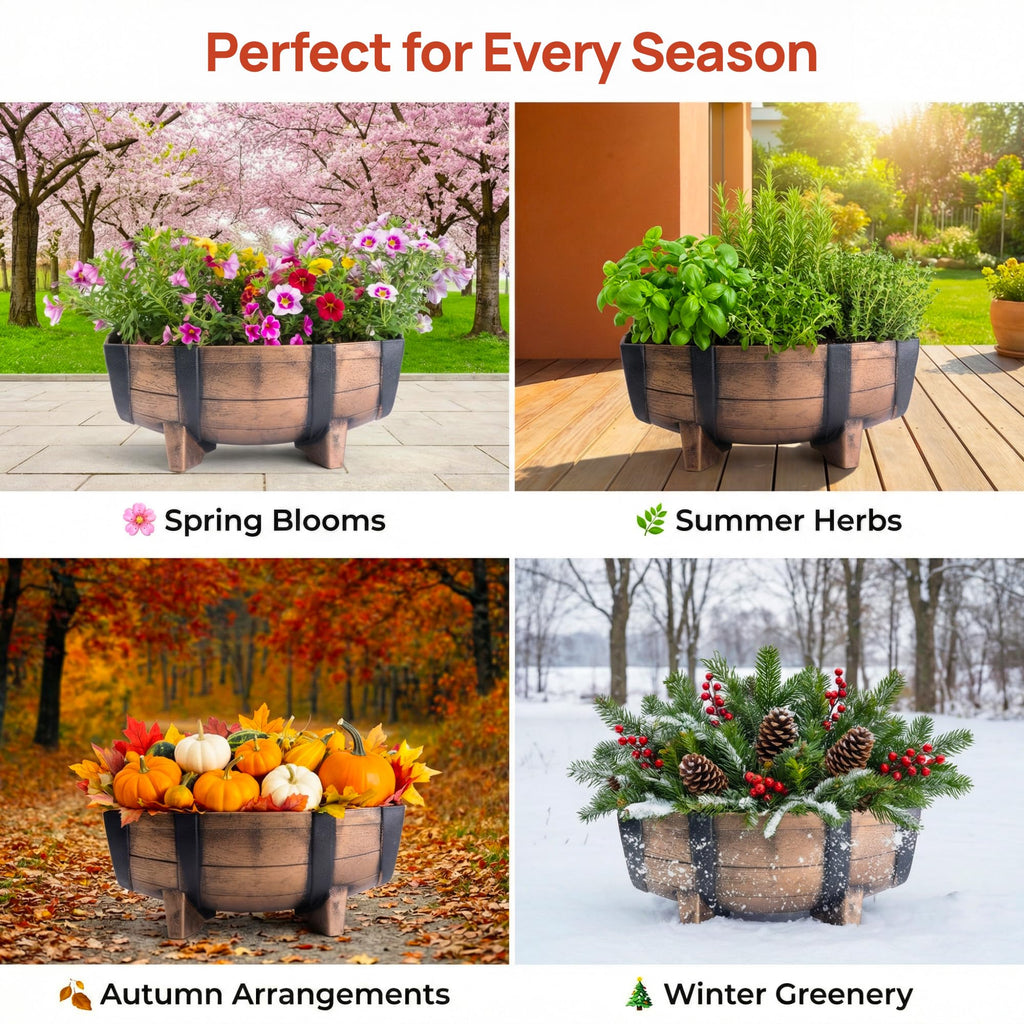 2-Piece Rectangular Half Barrel Flower Pots for Garden and Patio