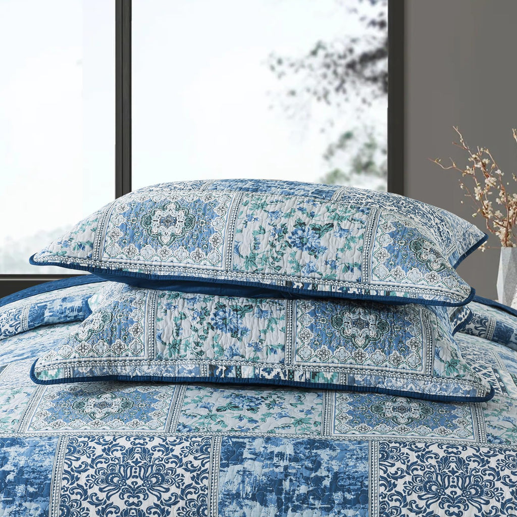 Cotton Bedspread Quilt Sets-Reversible Patchwork Coverlet Set, Blue Classic Bohemian Pattern