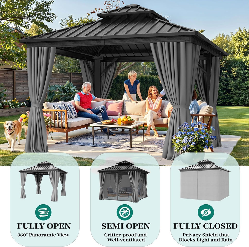 10X10FT Gazebo Patios Hard Top Outdoor Double Roof Canopy Aluminum Frame Garden Gazebo with Curtains Netting for