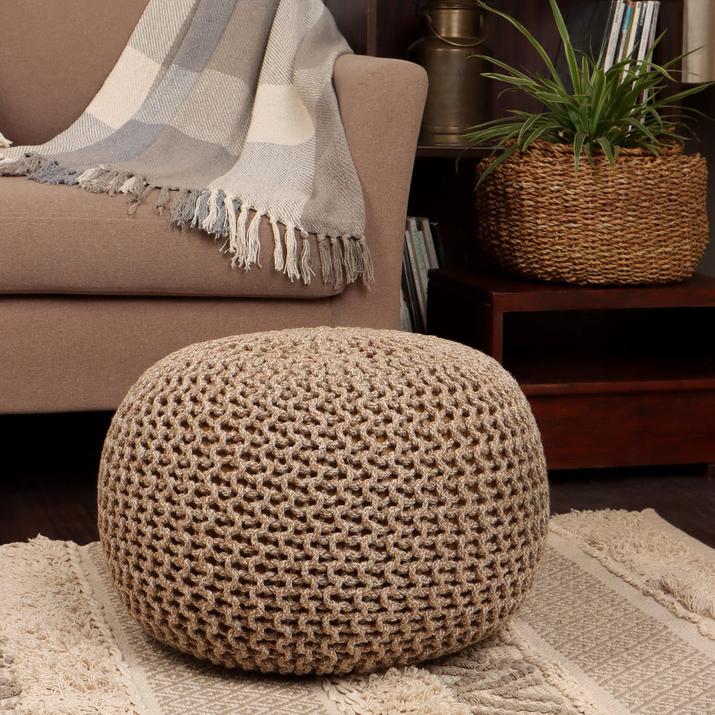 Round Pouf - Hand Knitted Boho Poof - Beige Ivory, Set of 2