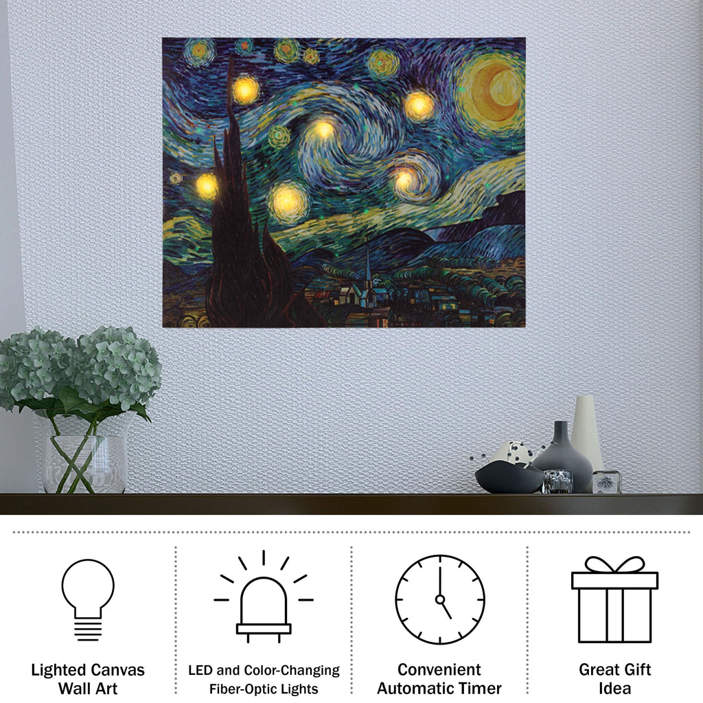 Van Gogh Wall Art Set - Lighted Canvas Starry Night Print with Timer Fiber Optic Lights and LED Flameless Candle