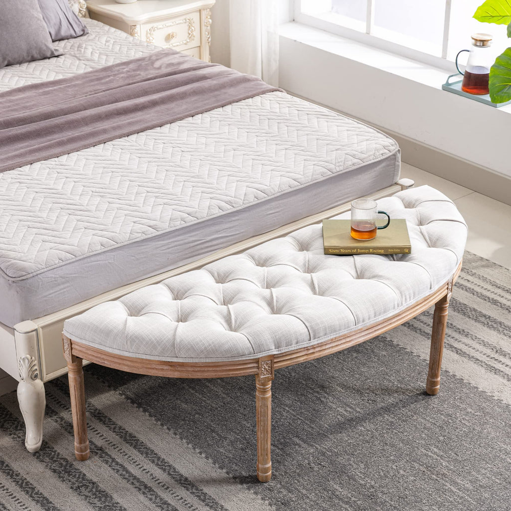 55" Halfmoon Entryway Bench Tufted Semi Circle Ottoman Bench Seat French Style Upholstered Bed End Bench for Foyer