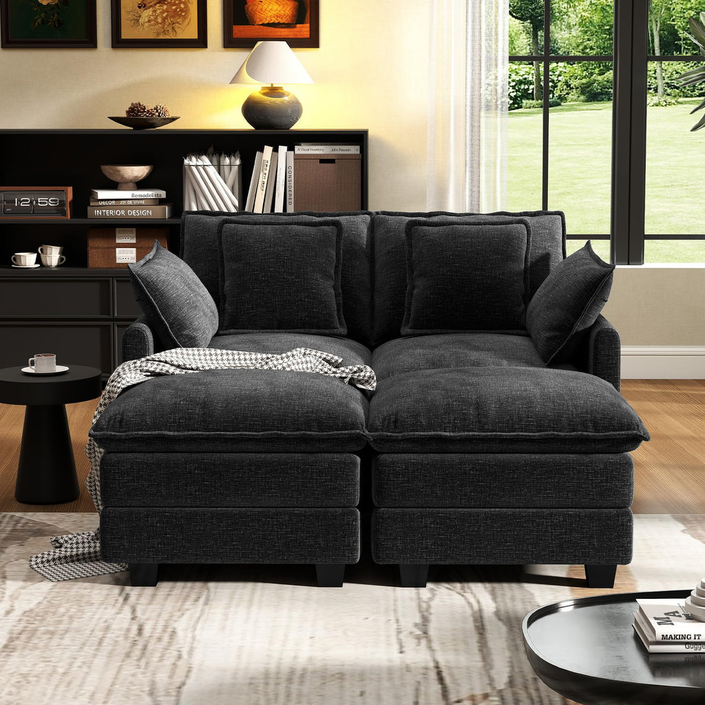 58" Cloud Couch Sectional Modular Sofa, Deep Seat Couches with Ottoman and Removable Washable Pillows, Black