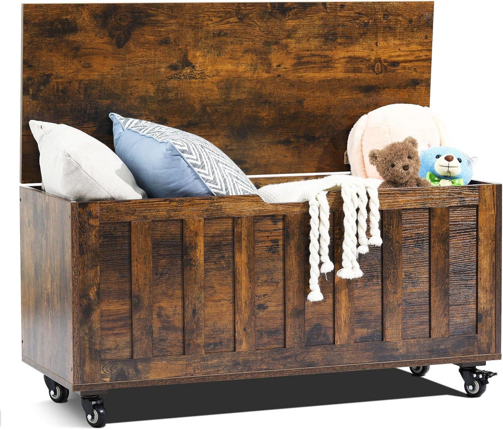 Storage Chest, 39.4'' Wooden Storage Bench with 4 Wheels & 2 Safety Hinges, Retro Toy Box Support 300 lbs , Easy