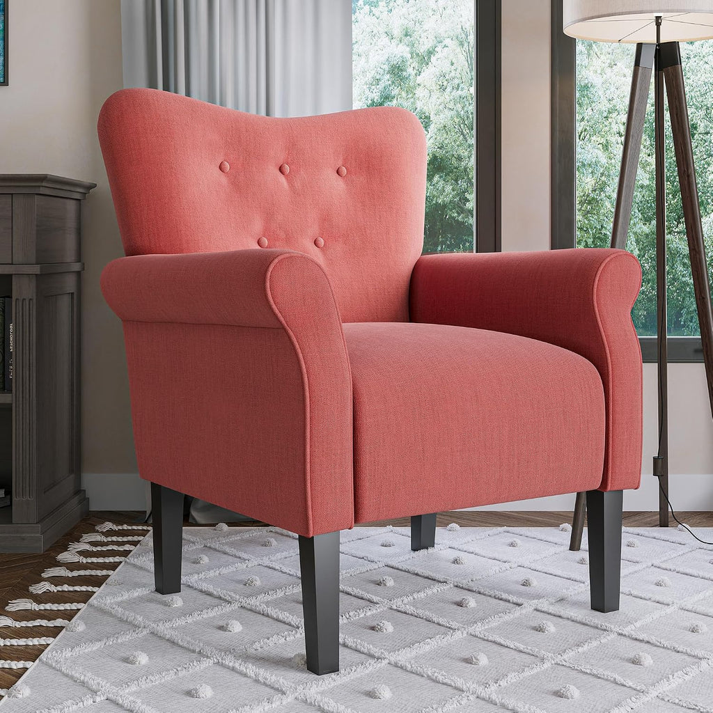 Modern Accent Chair, High Back Armchair, Upholstered Wingback Side Chair, Padded Single Sofa with Wooden Legs - Brick