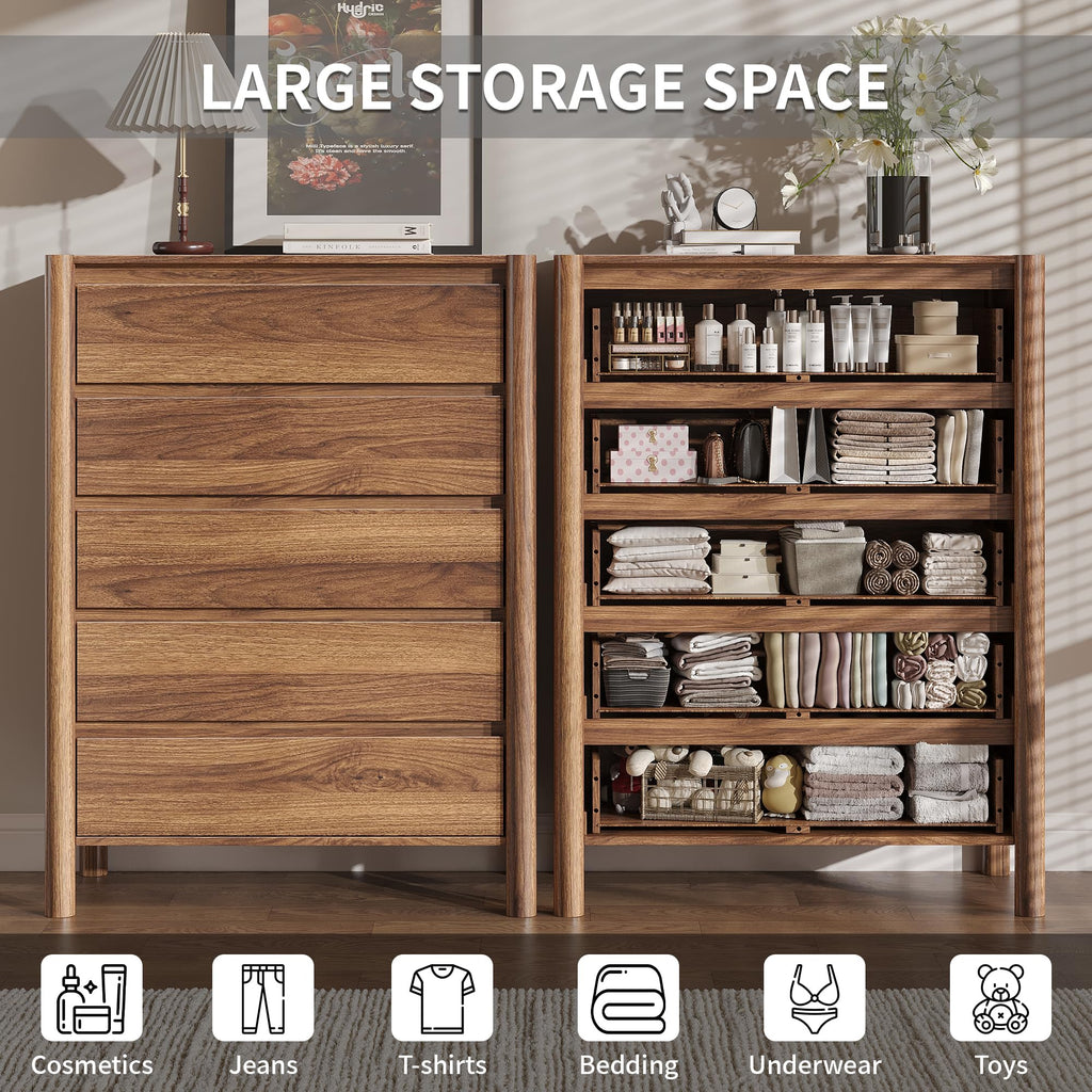 45" Tall Walnut 5 Drawer Dresser with Solid Wood Legs