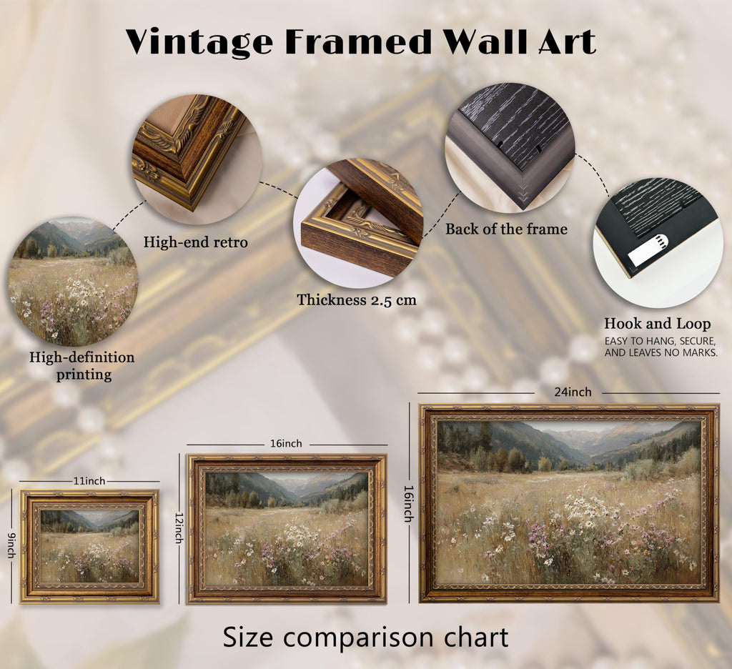 Vintage Landscape Gold Framed Wall Art Wildflower Meadow & Mountain Painting, Soft Neutral Cottagecore scenery Canvas