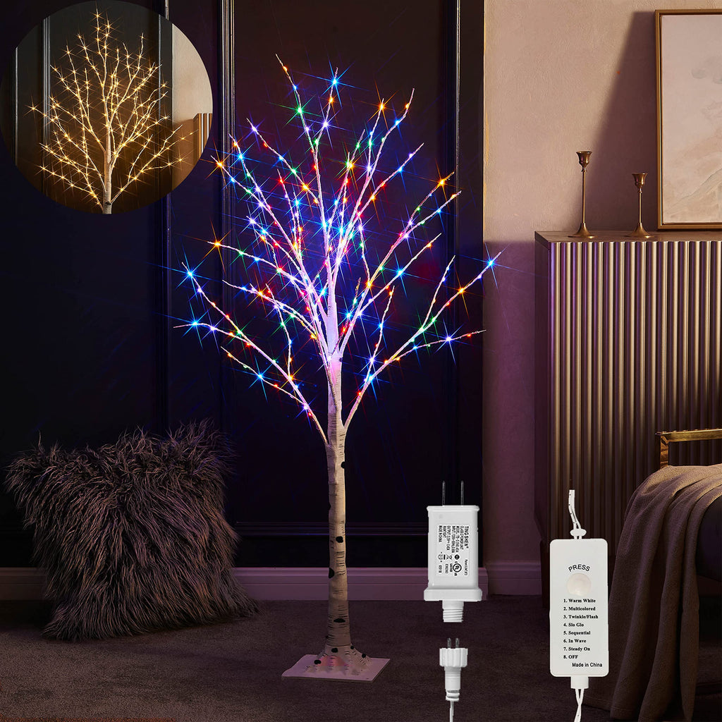 Lighted Twig Birch Tree Plug in with 8 Functions 4FT 200 Warm White and Multi Color LED Lights for Indoor Outdoor