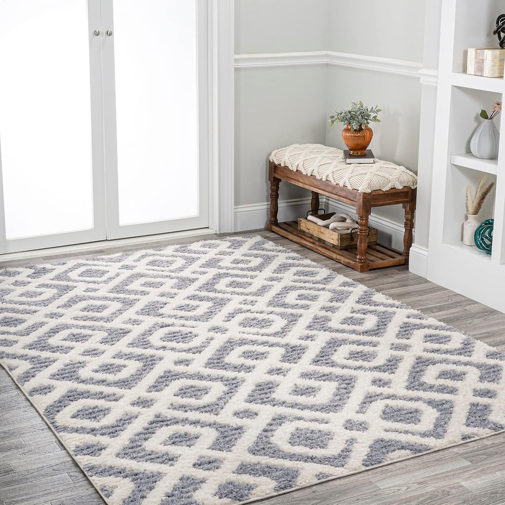 Trellis High-Low Cream/Gray Indoor Area Rug, Astrid Retro, Easy-Cleaning, High Traffic, Pet-Friendly