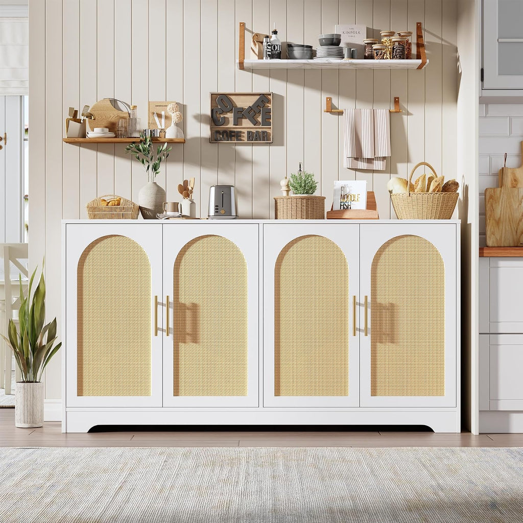 59" Rattan Sideboard Buffet Cabinet - Large Storage Cabinet with 4 Doors, Modern Console Table Accent Coffee Bar