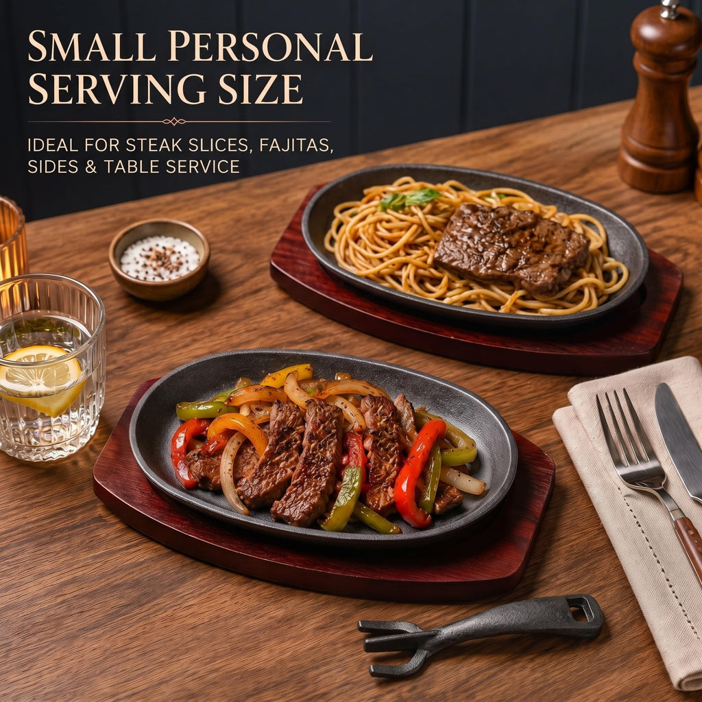 6 Pcs Oval Cast Iron Fajita Skillet Pan Set Small Sizzling Steak Plate with Wooden Base and Handle Cast Iron Fajita