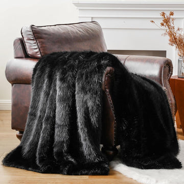 Luxury Fluffy Black Faux Fur Throw Blanket, Black Blanket for Couch, Sofa, Chair, Bed, Plush Fuzzy Cozy Fur Throws