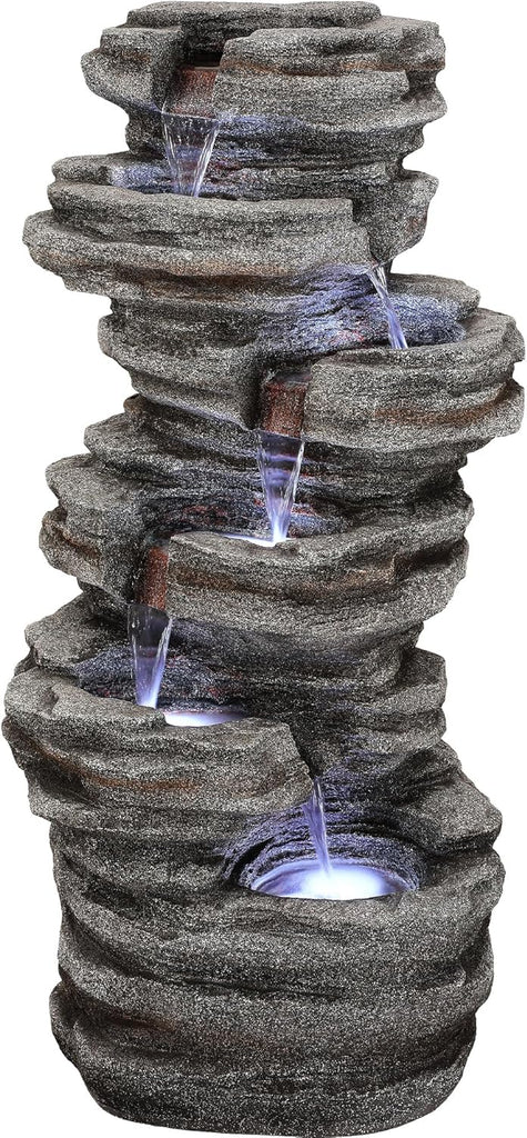 Extra-Large 6-Tier Outdoor Water Fountain with LED Lights, Cascading Rock Waterfall for Garden Patio Porch