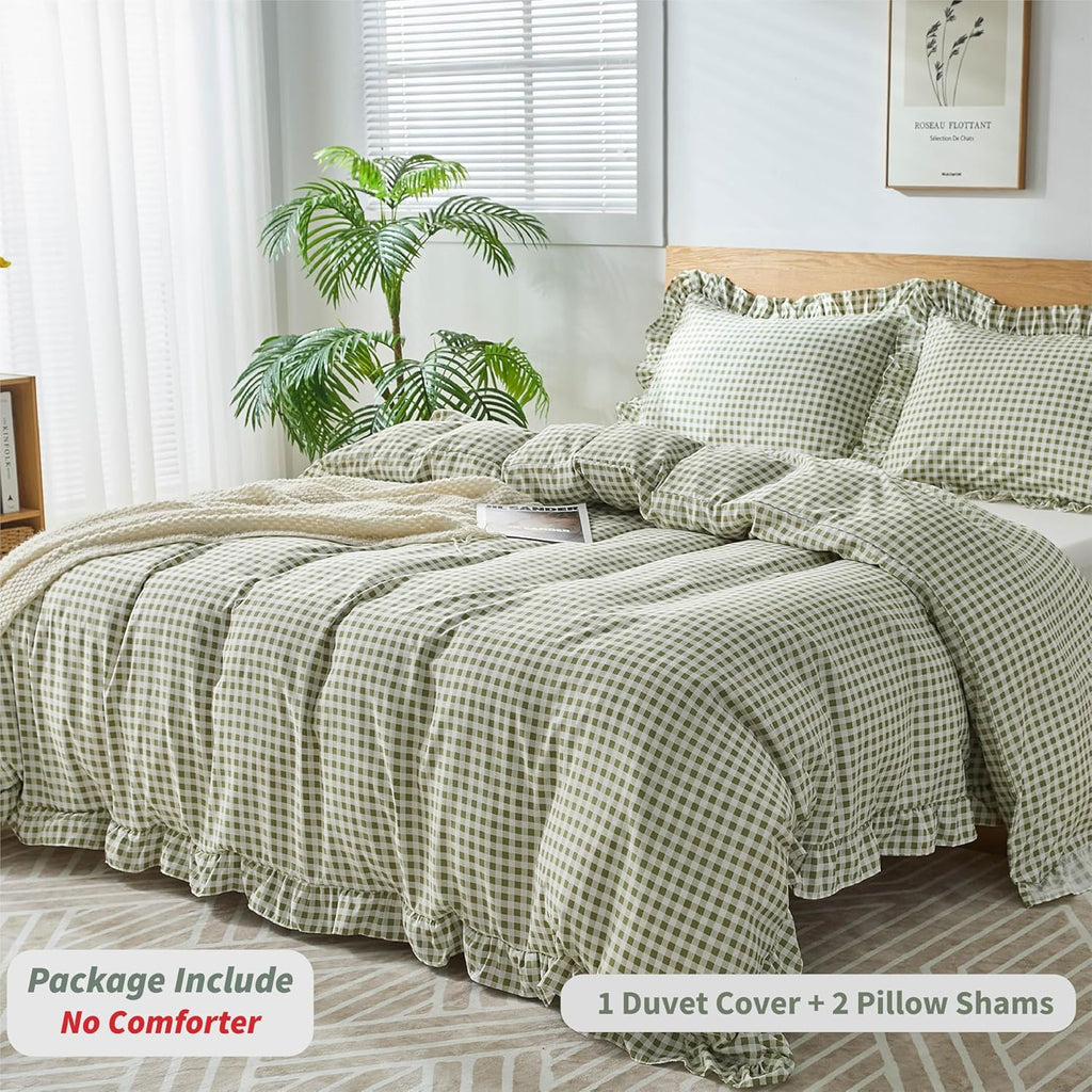 Gingham Duvet Cover Queen, 3 Pieces Soft Breathable Microfiber Plaid Duvet Cover with Zipper Closure & 2 Pillow