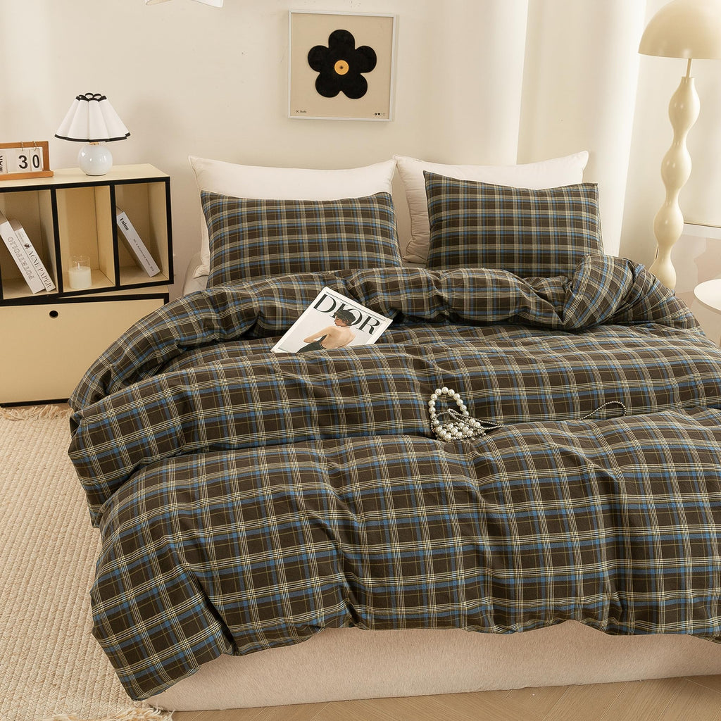 Cotton 3 Pcs Duvet Cover Set Linen Feel Brown & Blue Plaid King
