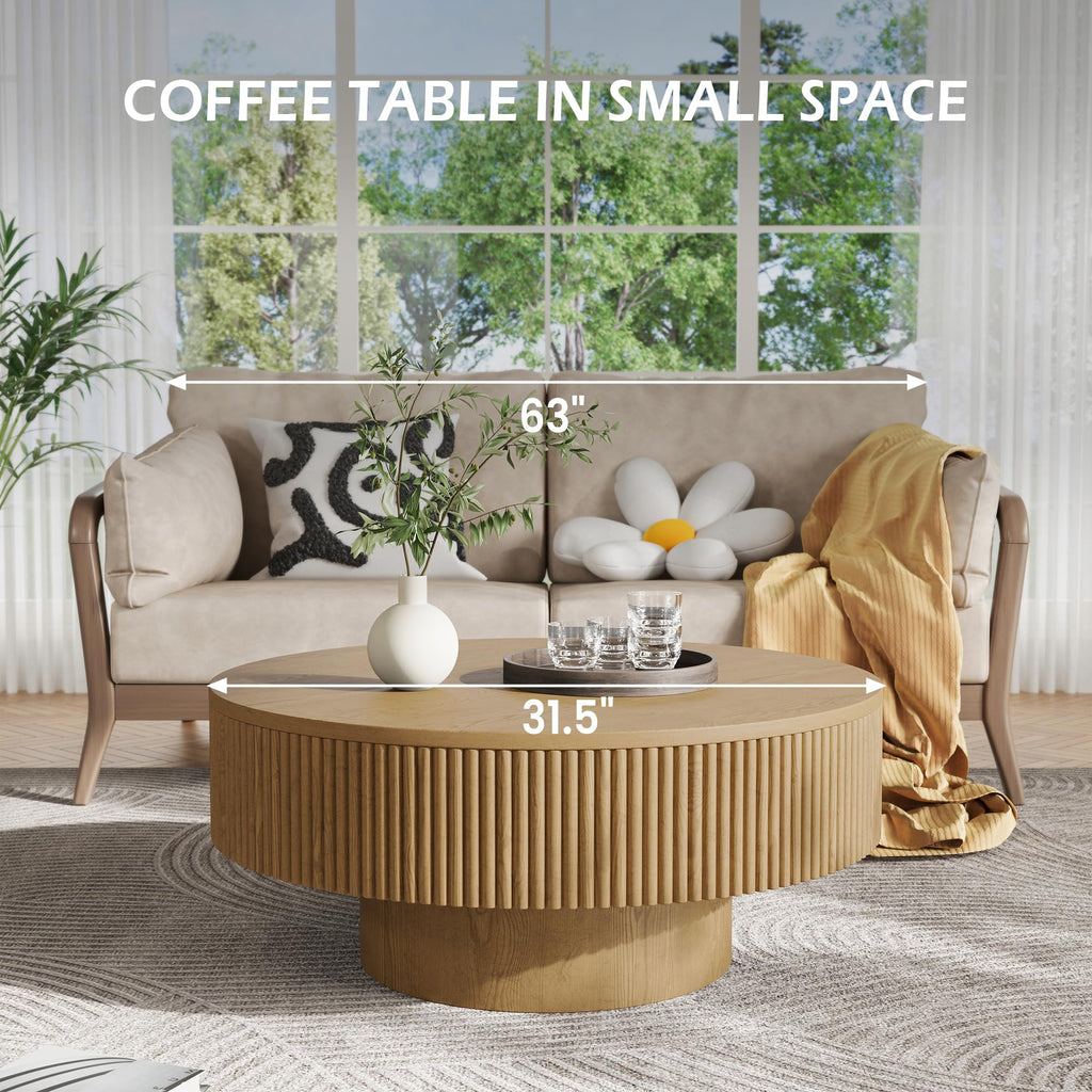 31.5" Round Fluted Coffee Table, Modern Wood Circle Coffee Table, Veneer Handcrafted Relief Tea Table with Sturdy