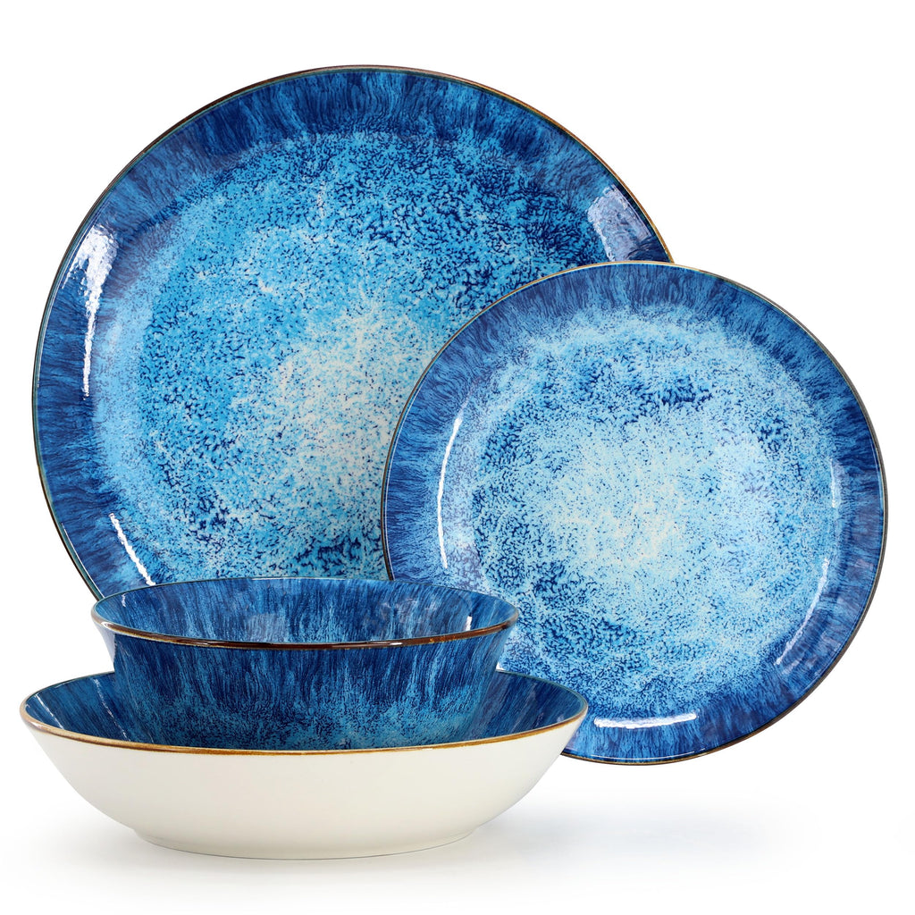 Oceanus 16 Piece Porcelain Double Bowl Dinnerware Set in Blue, Tableware Service for 4