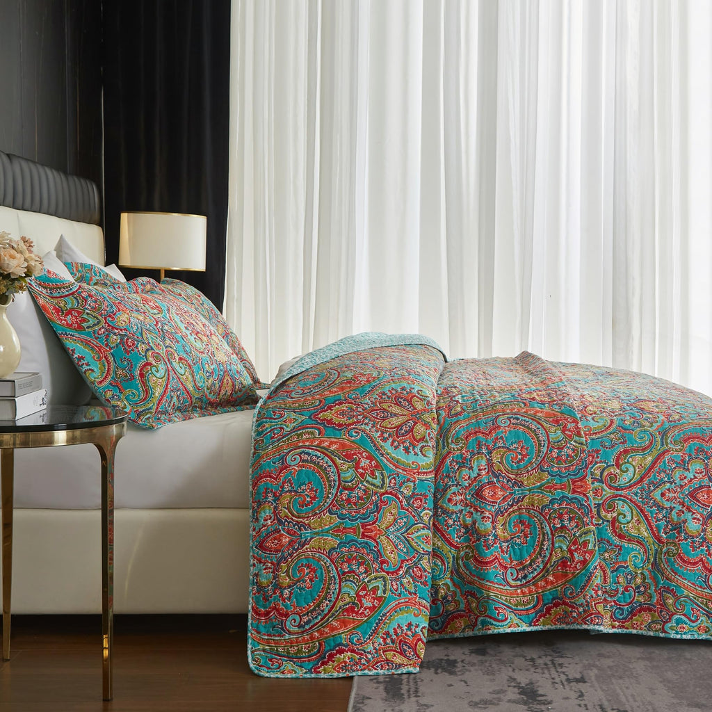 100% Cotton Boho Quilt Set King Size Vibrant Bohemian Paisley Bed Coverlet