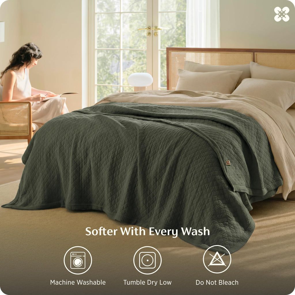 PureWoven 100% Cotton Muslin Blanket 8-Layer, Olive Green