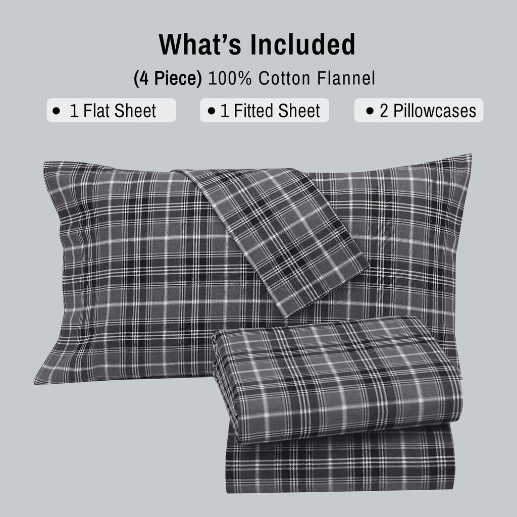 100% Cotton Flannel Sheets King Size, Grey Plaid