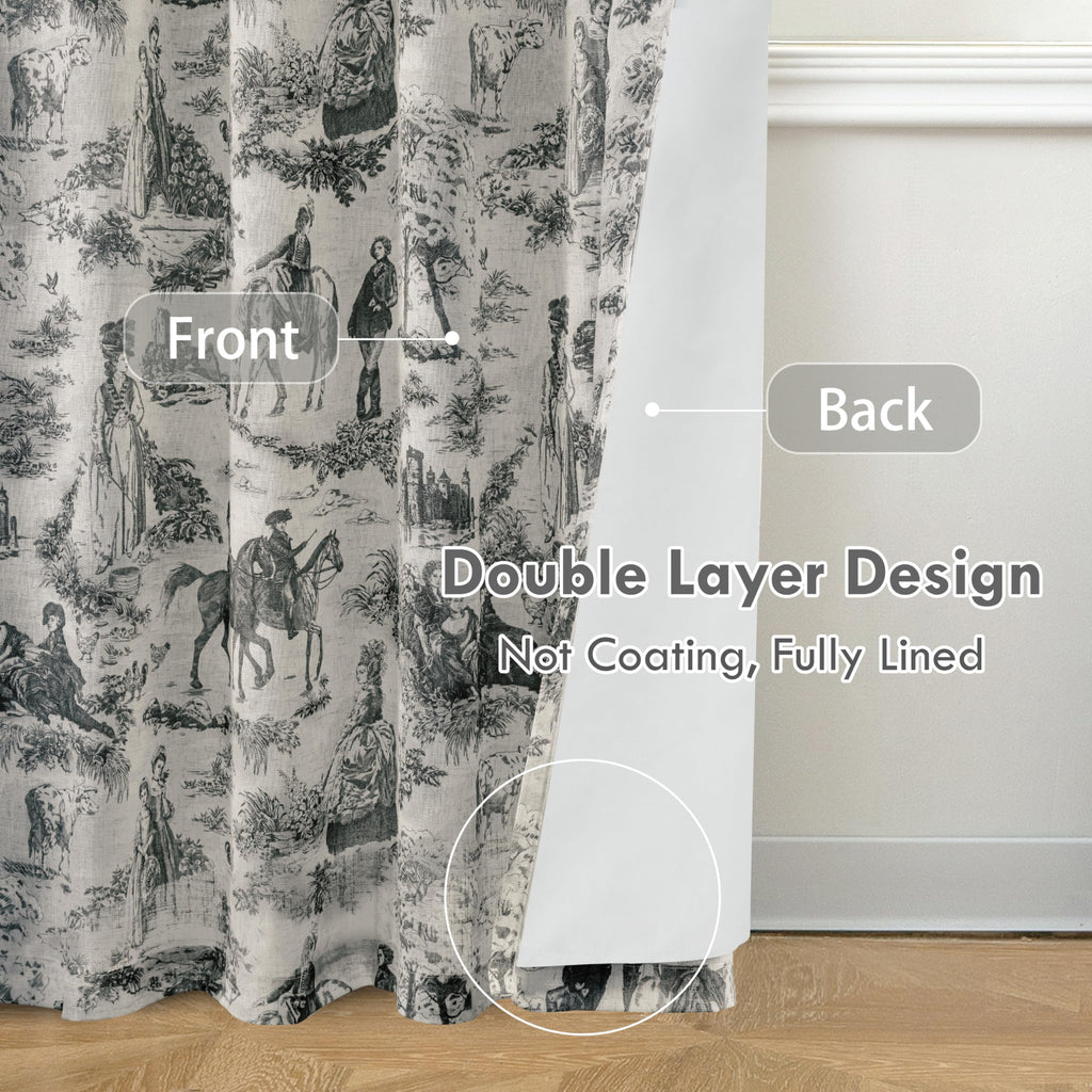 100% Blackout Curtains Toile Linen Back Tab, W52xL84, Black