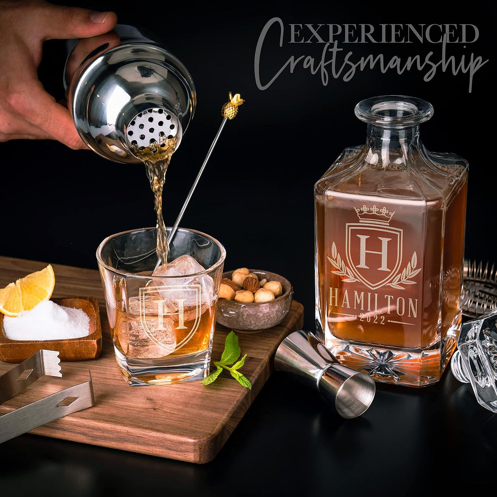 Personalized Whiskey Decanter Set - 5 Design Options - Custom Liquor 25 oz, 750ml Liquor Decanter w/Whiskey Glass Set
