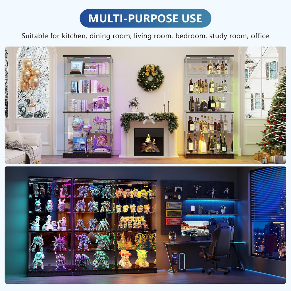 Full Glass Display Cabinet with RGB Lights and Lock for Collectibles, Black | Human Body Induction, 5 Dynamic & 7