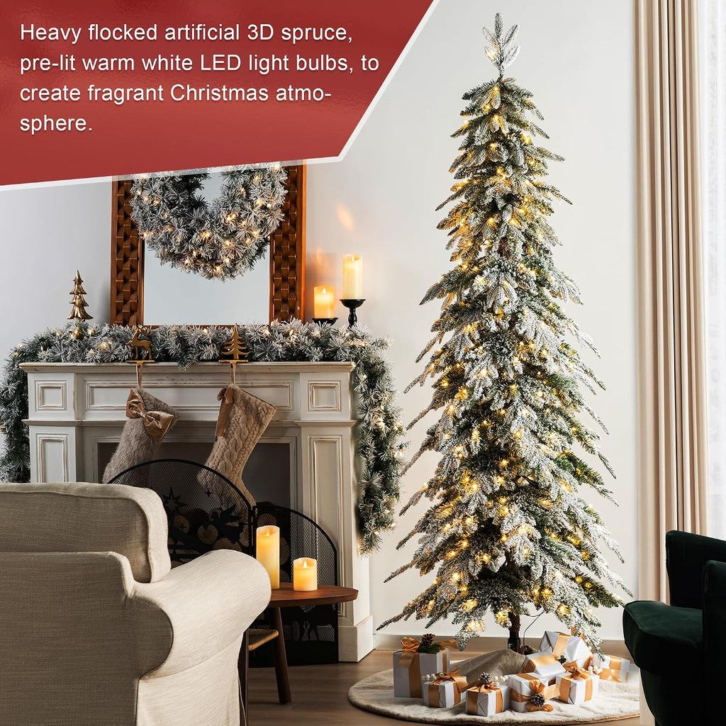 Artificial Christmas Tree, Pre-Lit Flocked Pencil Christmas Tree Chicago Frostwood Spruce with 350 Warm White