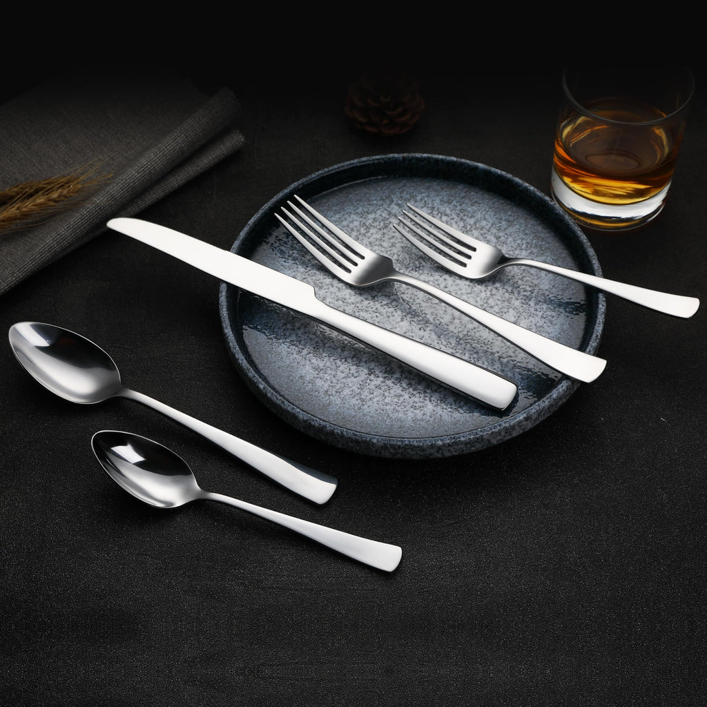 20-Piece Stainless Steel Flatware Set with Square Edge, Dishwasher Safe, Simple Design, Service for 4, Silver