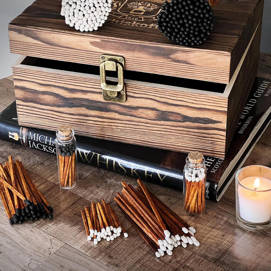 2" Espresso Matches in 3 Mini Cloche Jars + Striker Stickers Included | 100 Brown Stick Black Tip Decorative Matches