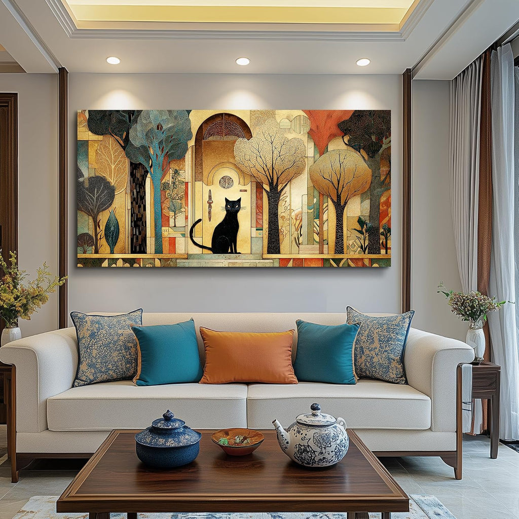 Large Canvas Wall Art Cat Abstract Pictures Vintage Nature Wall Art Modern Farmhouse Cottage Artwork Gold Trees City
