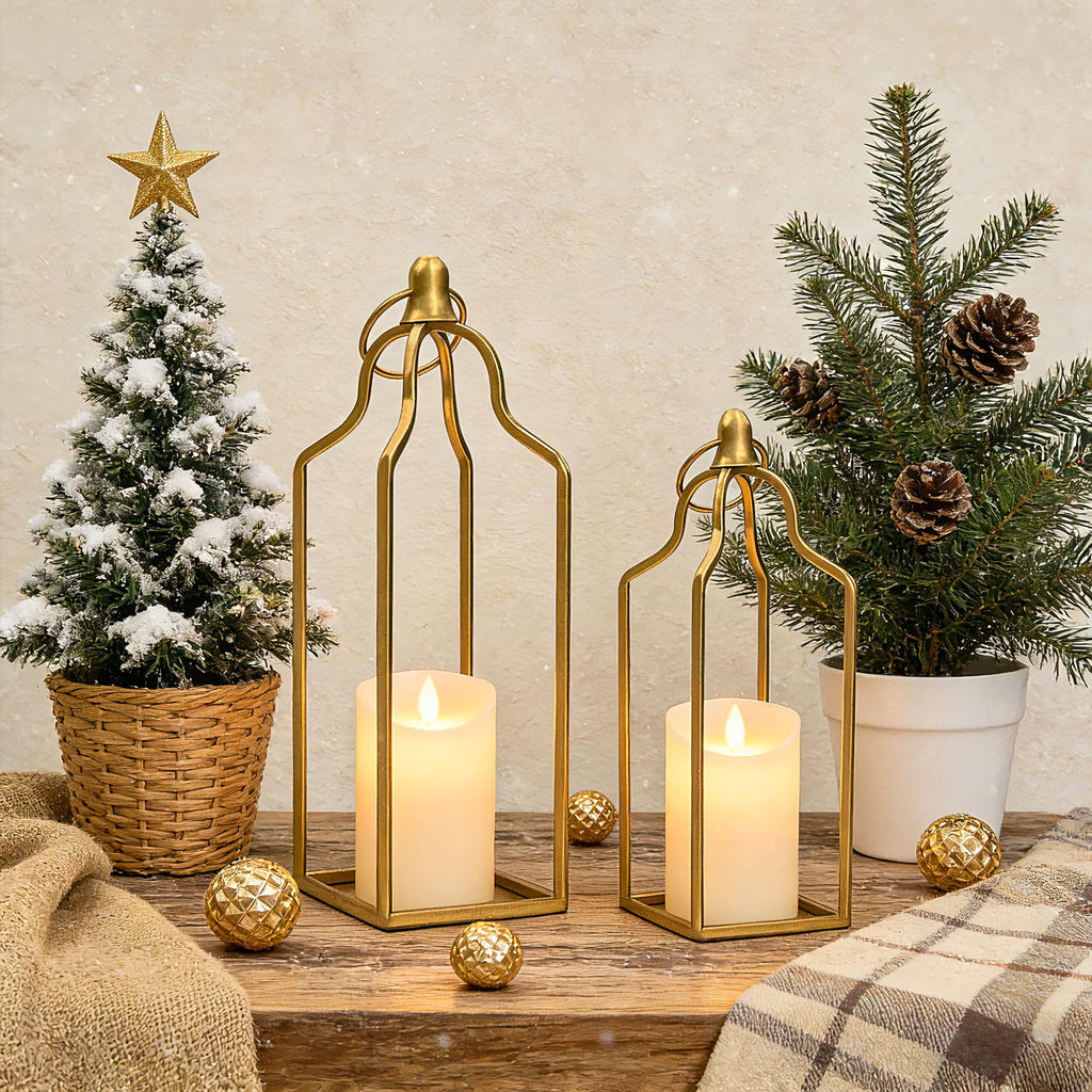 Rustic Farmhouse Decor Metal Lantern Set of 2 Decorative Lanterns Indoor Outdoor Living Room, Fireplace, Patio