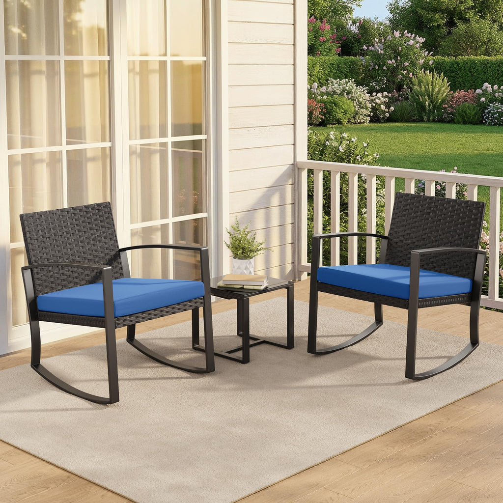 3 Piece Patio Bistro Set Patio Furniture Set Outdoor Wicker Rocking Furniture Conversation Set with Tempered Glass