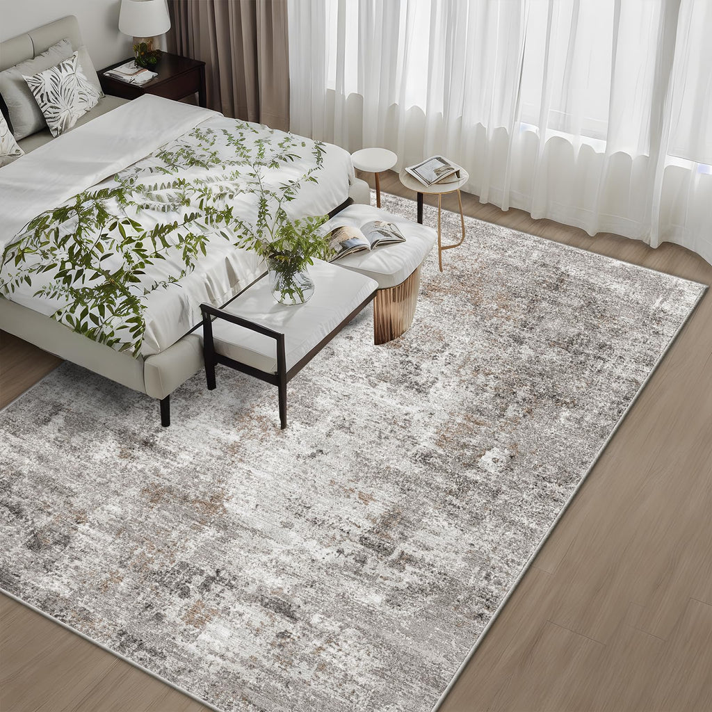 5x7 Non-Slip Machine Washable Area Rug - Modern Abstract Neutral Carpet - Soft Low Pile Stain-Resistant Rug with