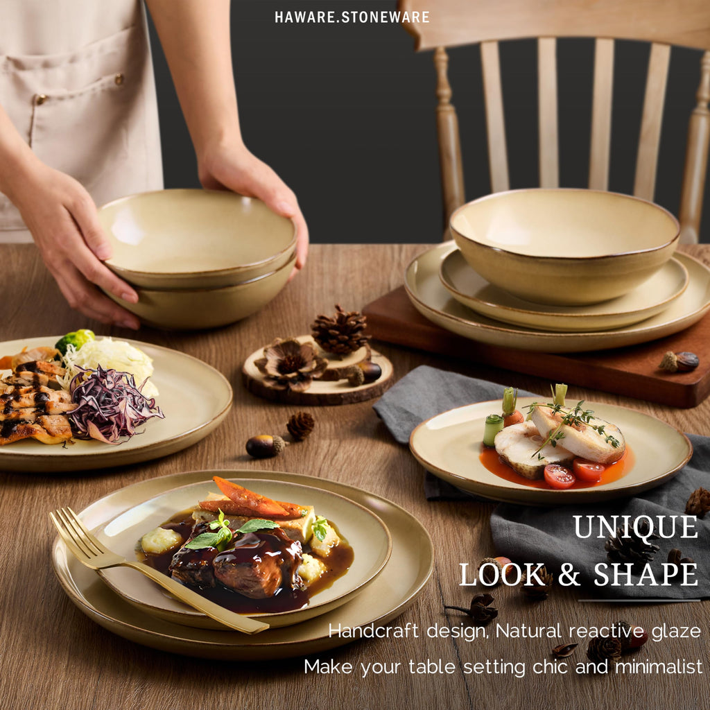 Dinnerware Sets, 24-Piece Stoneware Plates and Bowls Set, Dish Set for 8, Ceramic Dishware Restaurant, Chip and