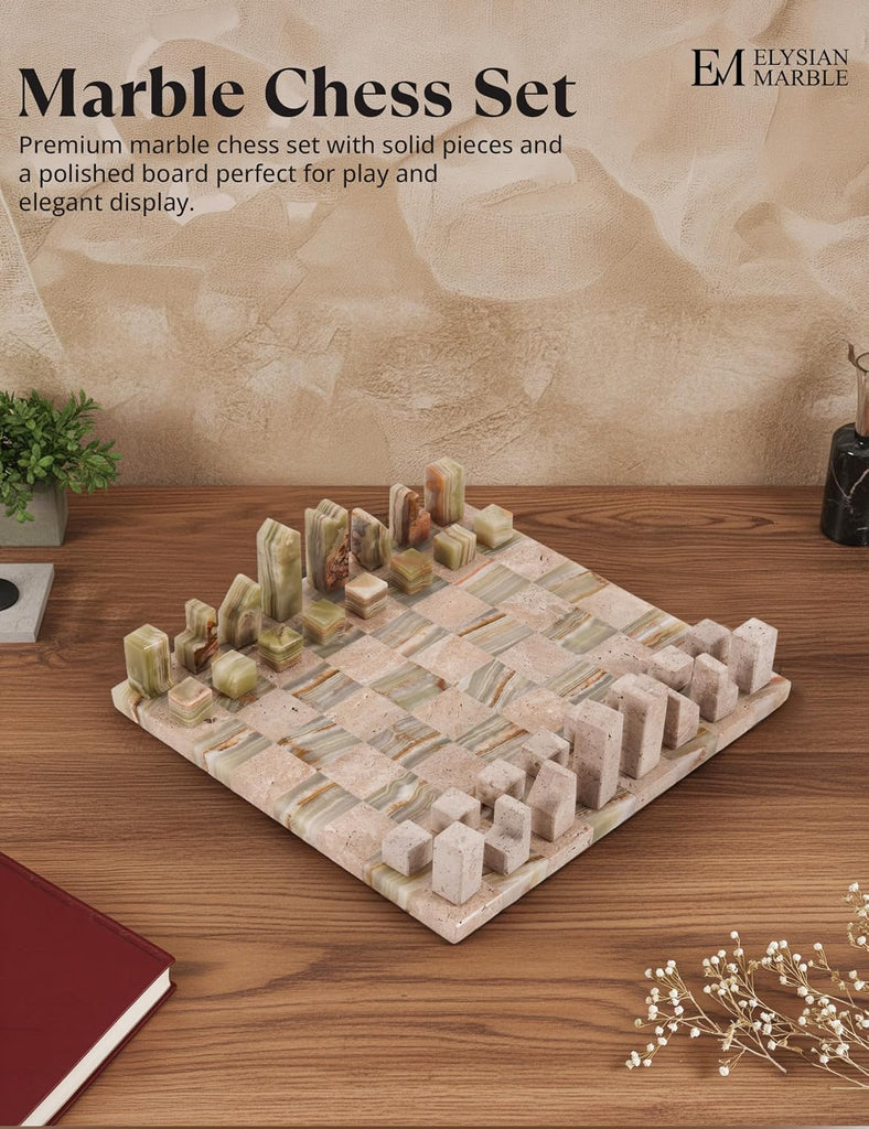 Modern Chess Set - Handcrafted Borderless Marble Chess Board with Minimalist Geometric Pieces, Luxury Decorative