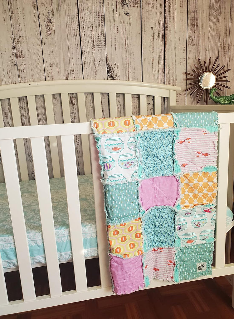SALE Patchwork Quilt, Quilt, Rag Quilt, Pink and Aqua Fish Crib Bedding, Rag Quilt, Ocean, Baby Bedding, Baby Girl