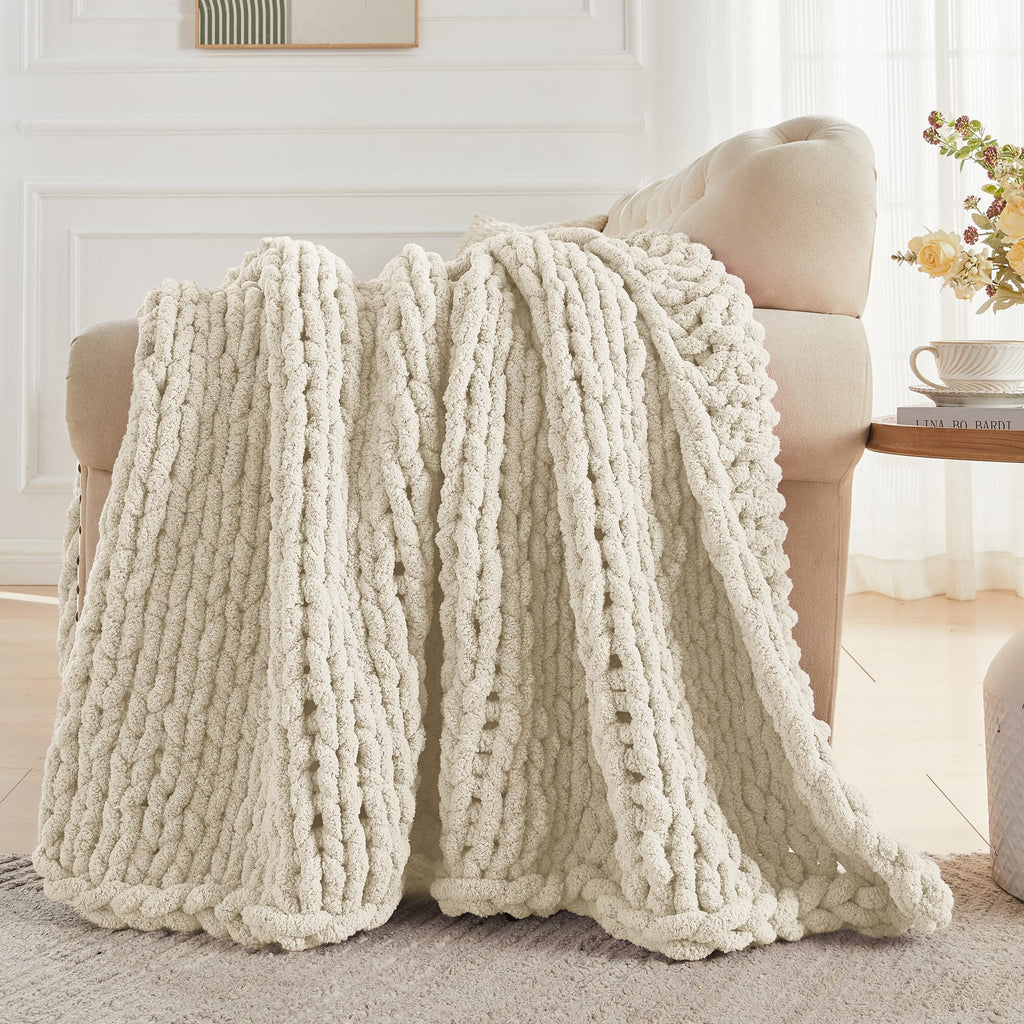 Chunky Knit Throw Blanket 60 x 80, 100% Hand Made, Light Beige