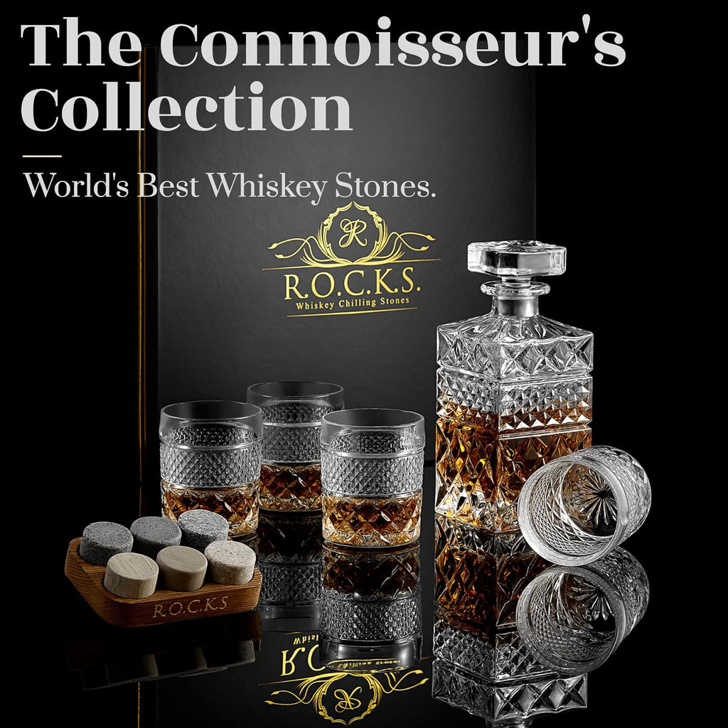 Whiskey Decanter Gift Set with 4 Cocktail Glasses & Handcrafted Granite Whiskey Chilling Stones - Whisky Carafe Glass - Set of 7