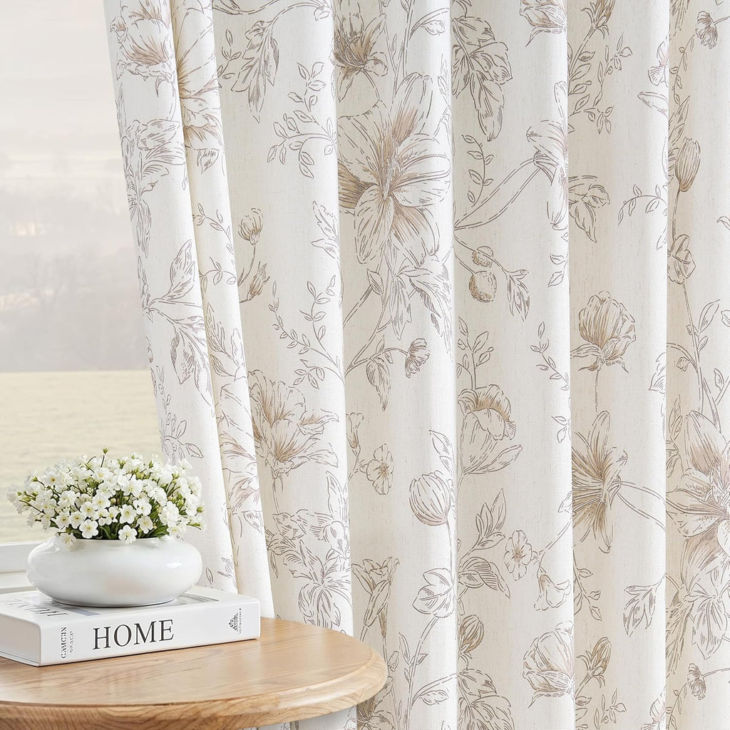 Light Brown Floral Linen Pleated Curtains 84 Inch Long for Bedroom Light Filtering Farmhouse Vintage Peony Lily