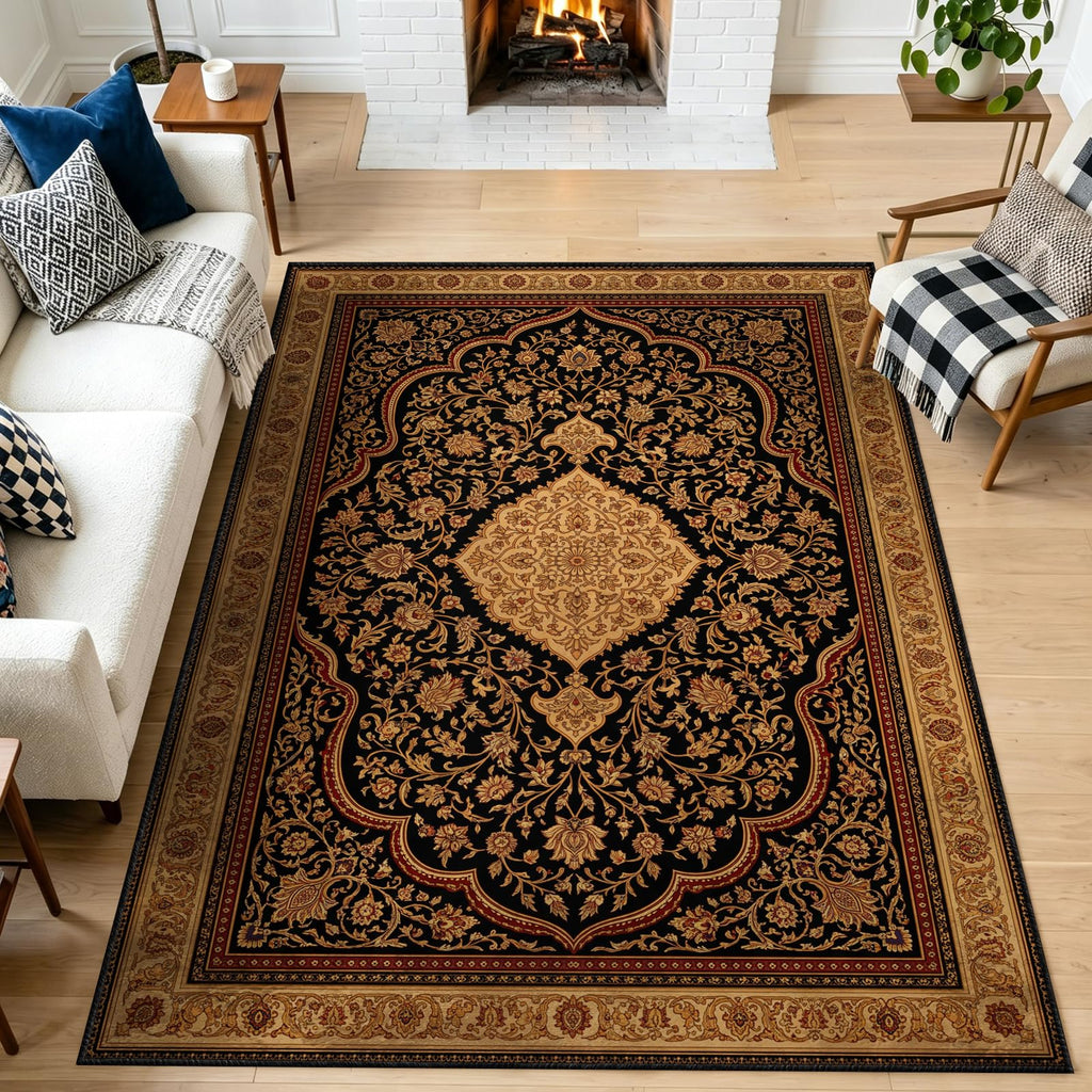 Gothic Victorian Rug Black Gold Boho 8x10 ft Area Rug