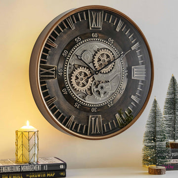 24 Inch Large Wall Clock with Moving Gears, Antique Gold