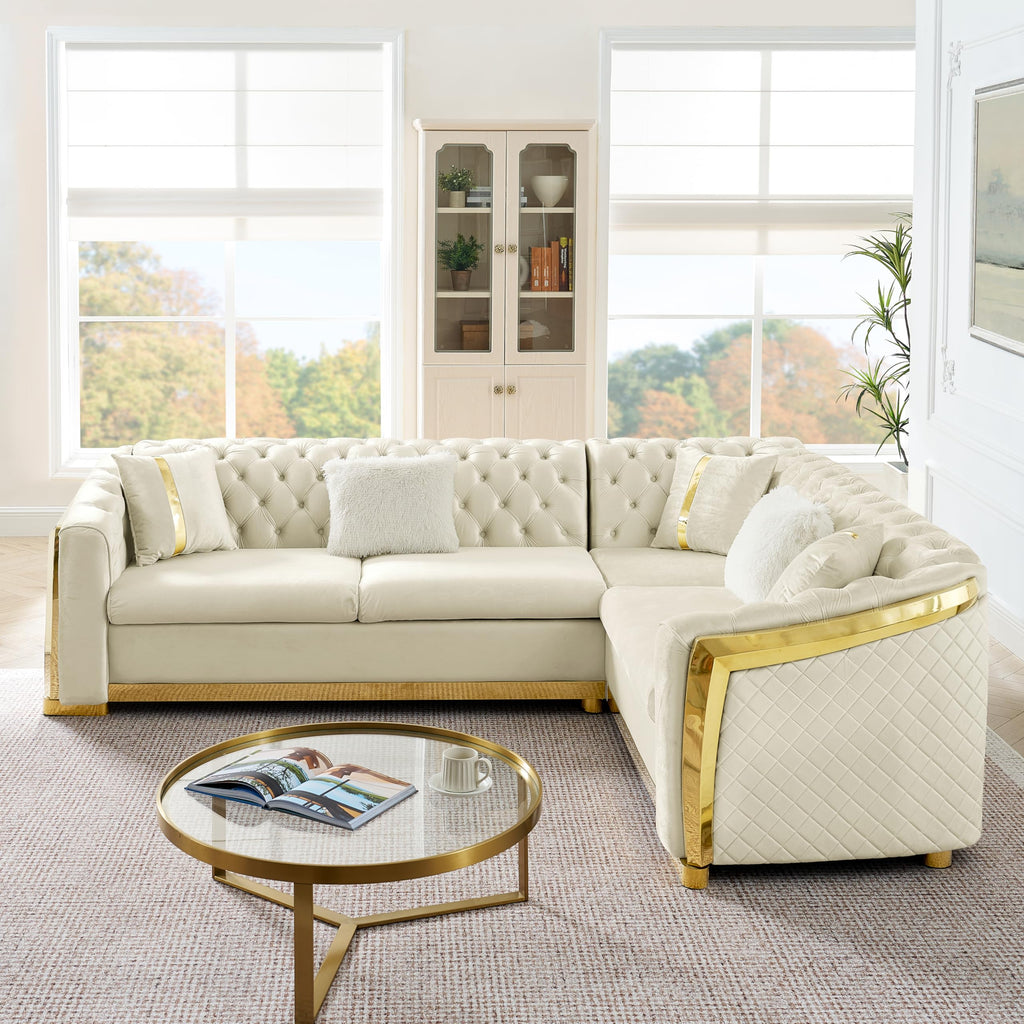 106" L-Shaped Luxury Chesterfield Sectional Sofa with Gold Stainless Steel Accents and 5 Pillows, Mid-Century