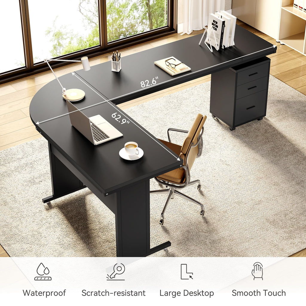 82.67" Long Executive Desk Large L-Shaped Computer Office Desk with 3-Drawer Mobile File Cabinet, Industrial Business