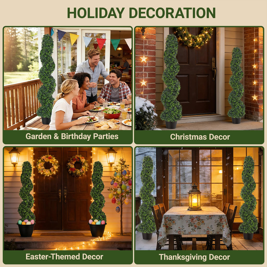 4FT Artificial Boxwood Spiral Topiary Trees Set of 2, UV Resistant Faux Evergreen Topiary Plants in Pots, Outdoor